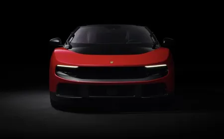 The Ferrari Luce electric sedan features an aerodynamic exterior and a detailed aluminum interior.