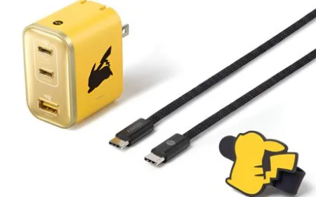The Anker Pokemon 30th anniversary collection includes a seventy-watt charger, travel adapter, earbuds, and pouch.