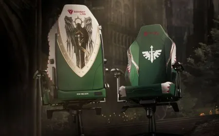 Secretlab Titan Evo gaming chair in the Dark Angels Warhammer 40,000 edition featuring Caliban design and armor panels.