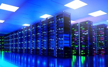 Ultra-dense fiber optic cables connect network switches inside a modern hyperscale data center.