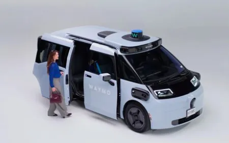 A Waymo Ojai sixth-generation robotaxi features a lounge-style interior and advanced autonomous driving equipment.