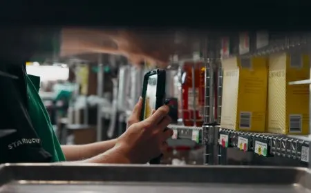 A Starbucks employee conducts manual inventory checks inside a retail store