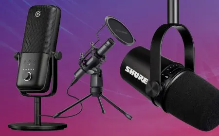 This image displays a lineup of five USB microphones arranged for review.
