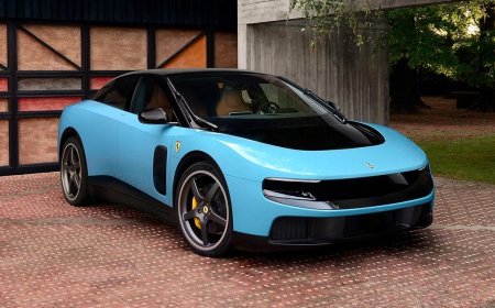 The Ferrari Luce electric vehicle features a four-door design and sleek exterior profile.