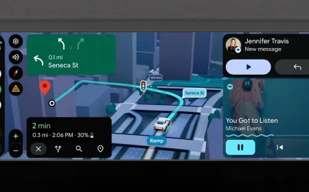 Car dashboard screen displaying the redesigned Android Auto interface with adaptive navigation and media controls.