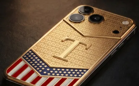 A gold-plated custom iPhone with political design elements rests on a display stand.