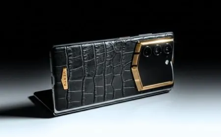 Vertu Alphafold foldable smartphone with alligator leather and gold accents.