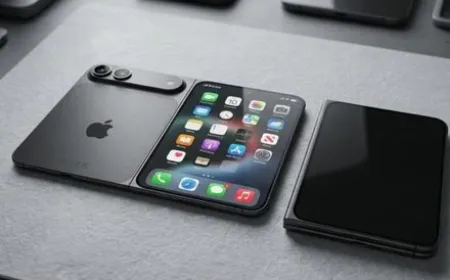 A book-style foldable iPhone features a seven-inch inner display and a precision hinge mechanism.