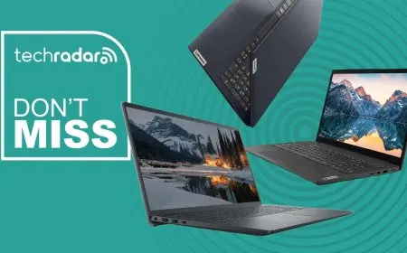 Three discounted business laptops from Dell, Lenovo, and HP sit side by side on a desk.