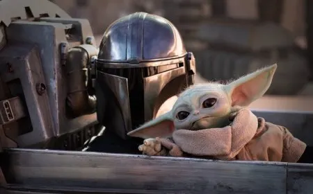The Mandalorian and Grogu stand together in a cinematic scene that emphasizes their bond.