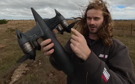 A custom drone features carbon fiber propellers with sawtooth leading edges during a controlled high-speed test.