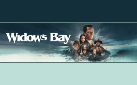 The scene depicts residents navigating isolation and community in the Apple TV series Widow's Bay.