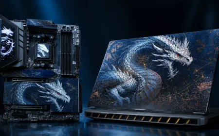 The lid of the MSI Titan 18 HX Dragon Edition laptop displays a metallic blue dragon, constellation lines, and gold accents.