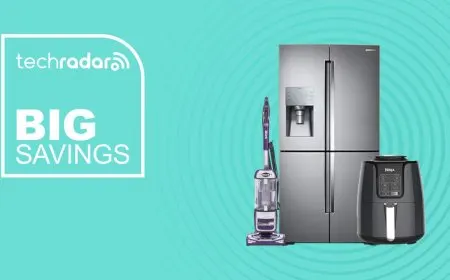 Memorial Day appliance sale graphic featuring discounted refrigerators, coffee makers, air fryers, and a Ninja Slushi mach...