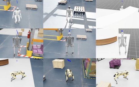 A robot navigates a physical environment while processing simulation data for autonomous decision making.
