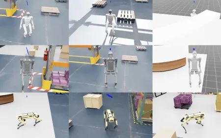 A robot navigates a physical environment while processing simulation data for autonomous decision making.
