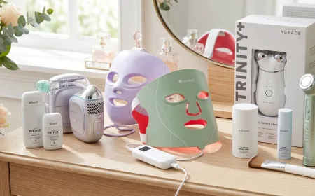 A modern at-home facial skincare device rests on a clean surface for product evaluation.
