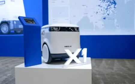 An autonomous compact logistics vehicle navigates a dense urban street during a last-mile delivery demonstration.