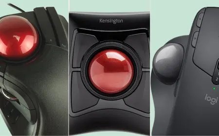 A modern trackball mouse displays its ergonomic design and precision control ball for professional use.