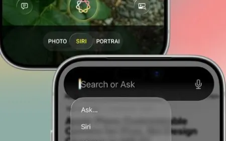 The illustration depicts the iOS 27 Siri redesign, featuring gesture navigation and Gemini integration.