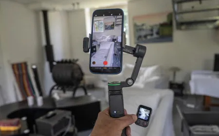 The DJI Osmo Mobile 8P gimbal is shown with its detachable Frametap remote and integrated display.