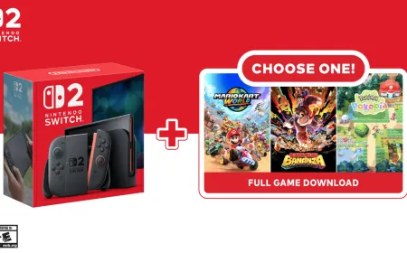 Nintendo Switch 2 console and controllers arranged with three first-party game cases.
