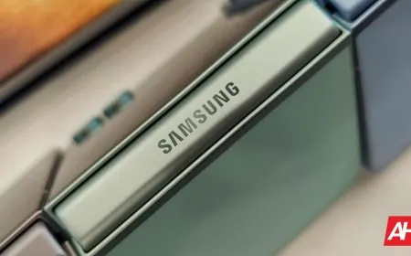 A Samsung Galaxy Z Fold 8 Wide foldable smartphone rests on a retail display stand.