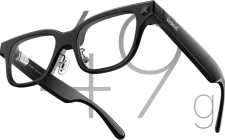 Rokid augmented reality eyewear sits on a stand beside financial charts illustrating the company's upcoming Hong Kong IPO.