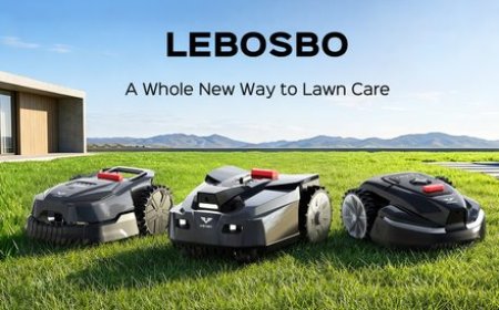The LEBOSBO V3 robotic mower sits on a lawn with its detachable battery and AI mapping sensors visible.