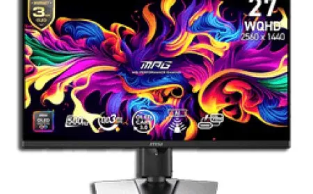 Front view of the MSI MPG 271QR QD-OLED X50 monitor with its adjustable stand and slim bezel.