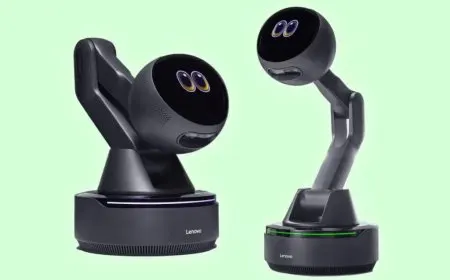 A desktop AI companion device features a robotic arm scanning a physical document to generate digital slides.