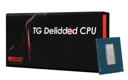 De-lidded Intel Core Ultra 7 270K Plus processor by Thermal Grizzly with exposed silicon die for LGA1851 socket.