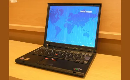 An IBM ThinkPad T43 laptop displays a Windows installation screen during a bare-metal setup process.