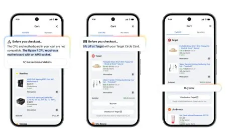 The Google Universal Cart interface displays aggregated purchases and automated price comparisons across platforms.