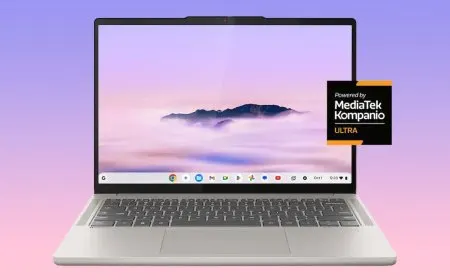 A premium Chromebook laptop sits open on a desk surface.