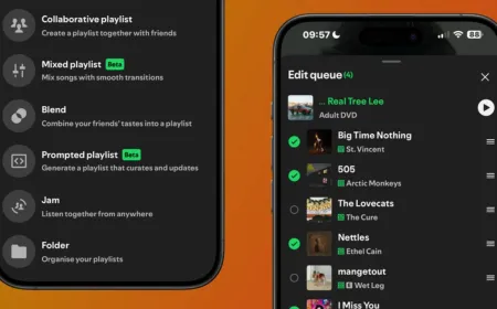 The Spotify app interface displays updated queue management tools and offline listening settings.