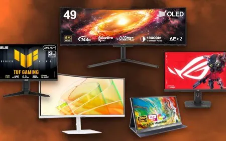 Group of gaming, 4K, ultrawide, and portable monitors arranged for technical evaluation