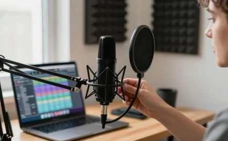 A condenser microphone rests on a desk near acoustic treatment panels.