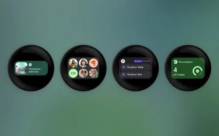 The screen displays rectangular Wear OS 7 widgets alongside traditional circular tiles.