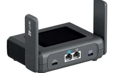 The GL.iNet Slate 7 Pro tri-band Wi-Fi 7 travel router features a compact chassis and external antennas.