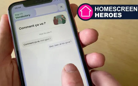 The mobile application displays an AI conversation interface with language options and daily progress tracking.