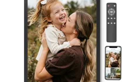 A digital photo frame displays a grid of family photographs ready for wireless sharing.