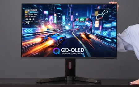 Samsung 32-inch 4K OLED panel with 360Hz refresh rate and V-stripe pixels.