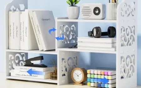 Vertical desktop shelving system organizing office equipment and documents to maximize workspace surface area.