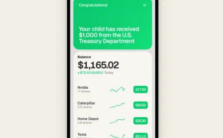 The smartphone screen displays the Trump Accounts app interface for managing child investment accounts.