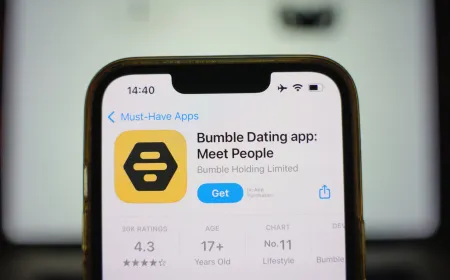 The Bumble app interface shows the transition from manual swiping to an artificial intelligence matchmaking system.