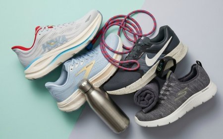 A display of running shoes is arranged for a seasonal retail promotion.