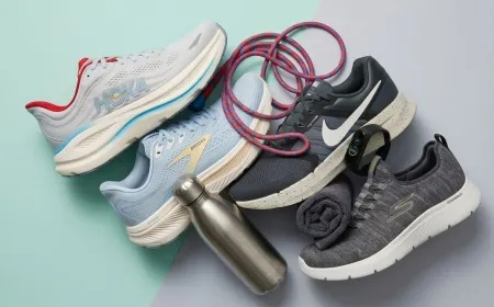 A display of running shoes is arranged for a seasonal retail promotion.