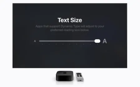 The tvOS 27 settings interface demonstrates the new systemwide text scaling feature.