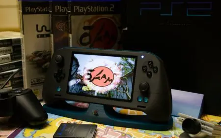 Custom handheld console housing original PlayStation 2 silicon chips, custom circuit boards, and a modern battery pack